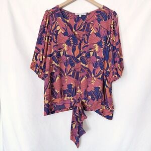 Rose + Olive Monkey Tropical Resort Womens Large Multicolor Tie Front Blouse